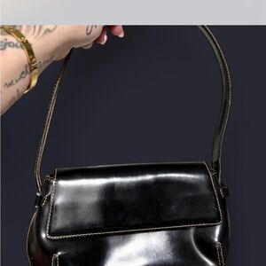 DKNYC Shiny Black Leather Shoulder Bag